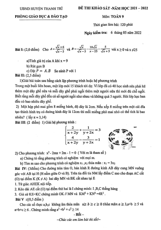 Đề thi khảo sát Toán 9 năm 2021 – 2022 phòng GD&ĐT Thanh Trì – Hà Nội