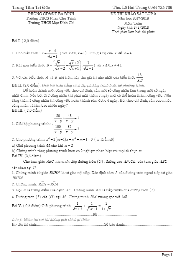 Đề thi khảo sát Toán 9 năm học 2017 – 2018 phòng GD và ĐT Ba Đình – Hà Nội