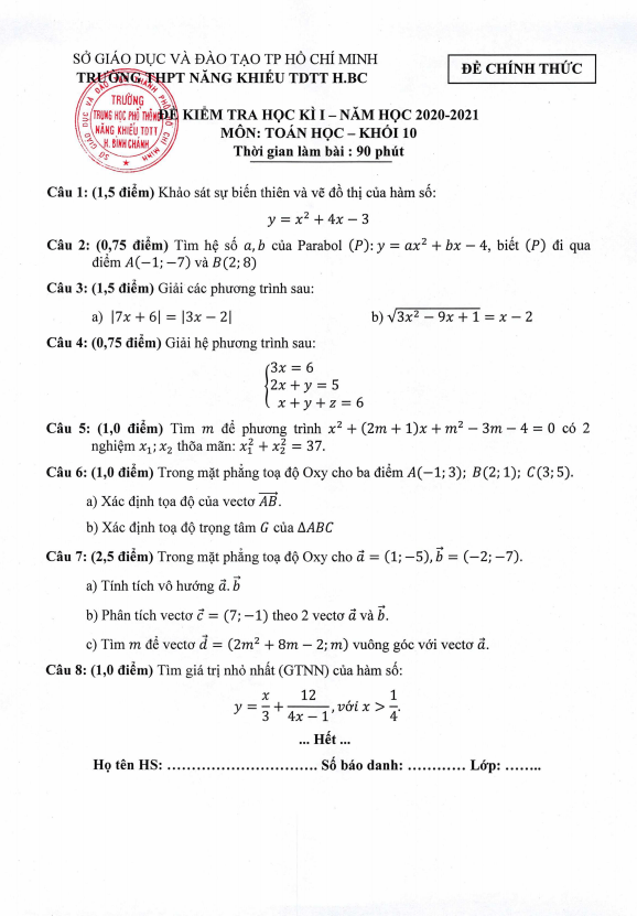 Đề thi kì 1 Toán 10 năm 2020 – 2021 trường THPT Năng khiếu TDTT Bình Chánh – TP HCM