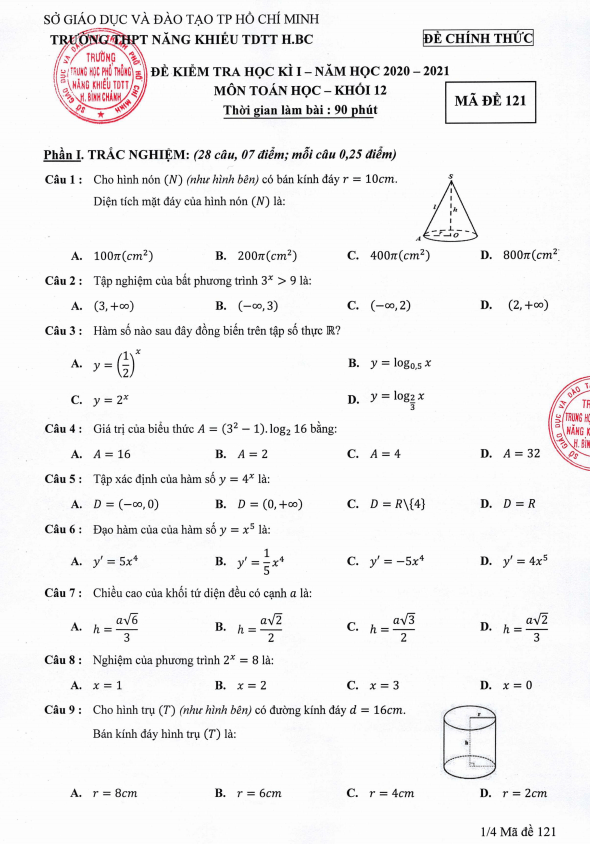 Đề thi kì 1 Toán 12 năm 2020 – 2021 trường THPT Năng khiếu TDTT Bình Chánh – TP HCM