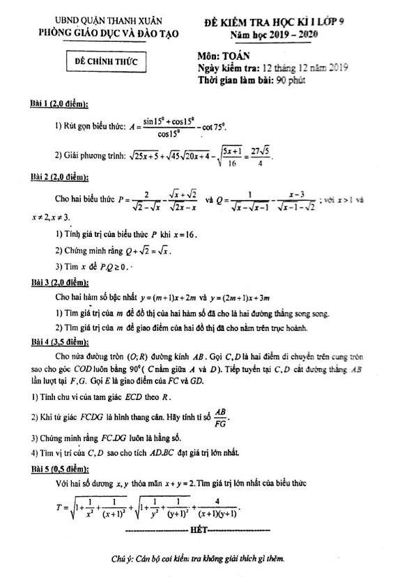 Đề thi kì 1 Toán 9 năm 2019 – 2020 phòng GD&ĐT Thanh Xuân – Hà Nội