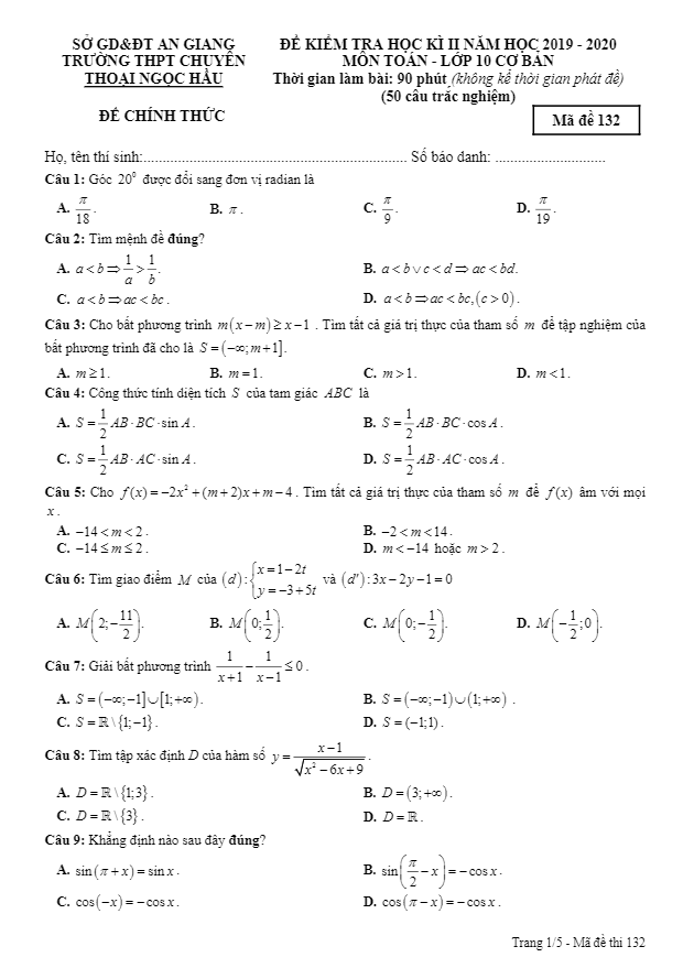 Đề thi kì 2 Toán 10 CB năm 2019 – 2020 trường chuyên Thoại Ngọc Hầu – An Giang
