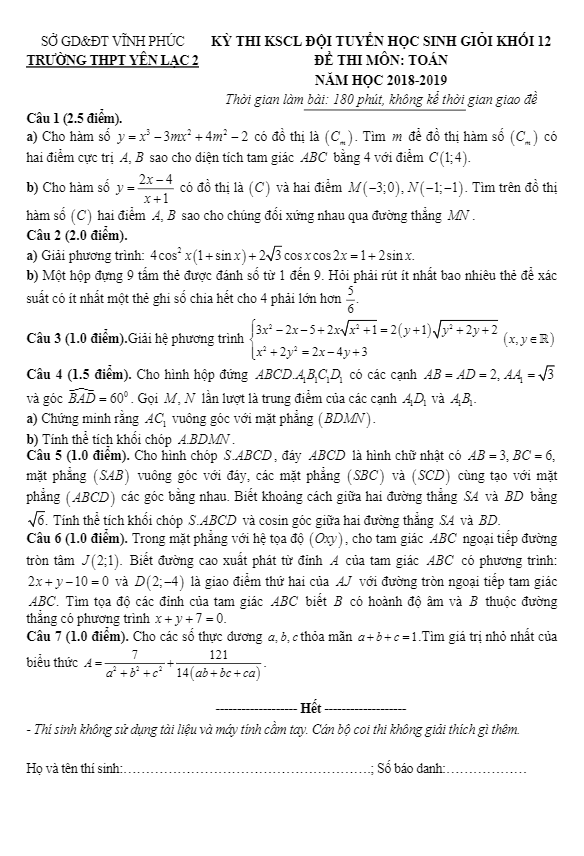 Đề thi KSCL đội tuyển HSG Toán 12 năm 2018 – 2019 trường Yên Lạc 2 – Vĩnh Phúc