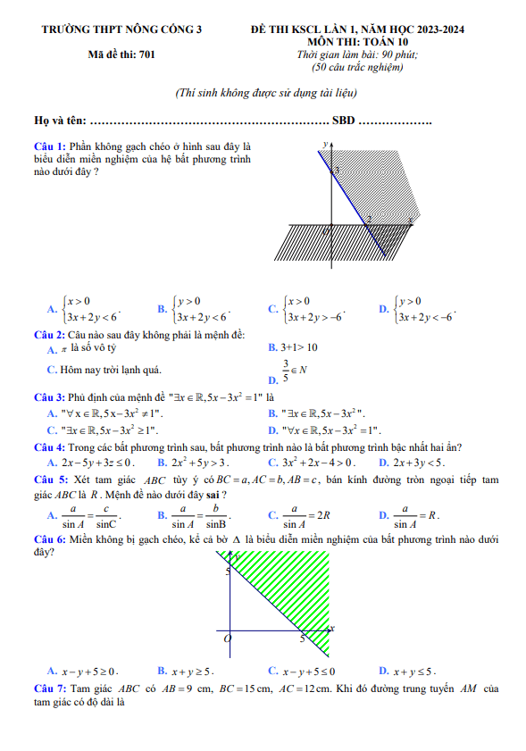 Đề thi KSCL lần 1 Toán 10 năm 2023 – 2024 trường THPT Nông Cống 3 – Thanh Hóa