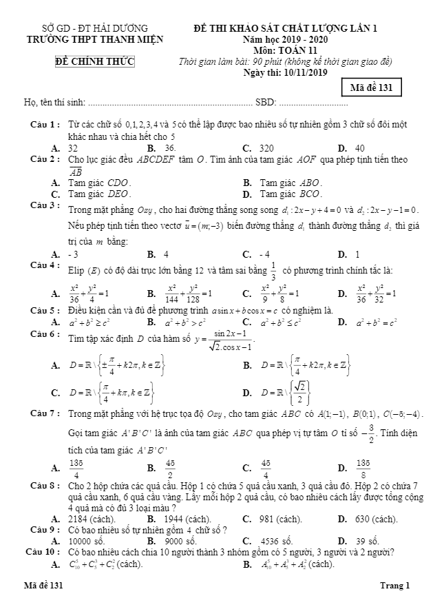Đề thi KSCL lần 1 Toán 11 năm 2019 – 2020 trường Thanh Miện – Hải Dương