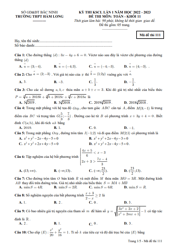 Đề thi KSCL lần 1 Toán 11 năm 2022 – 2023 trường THPT Hàm Long – Bắc Ninh