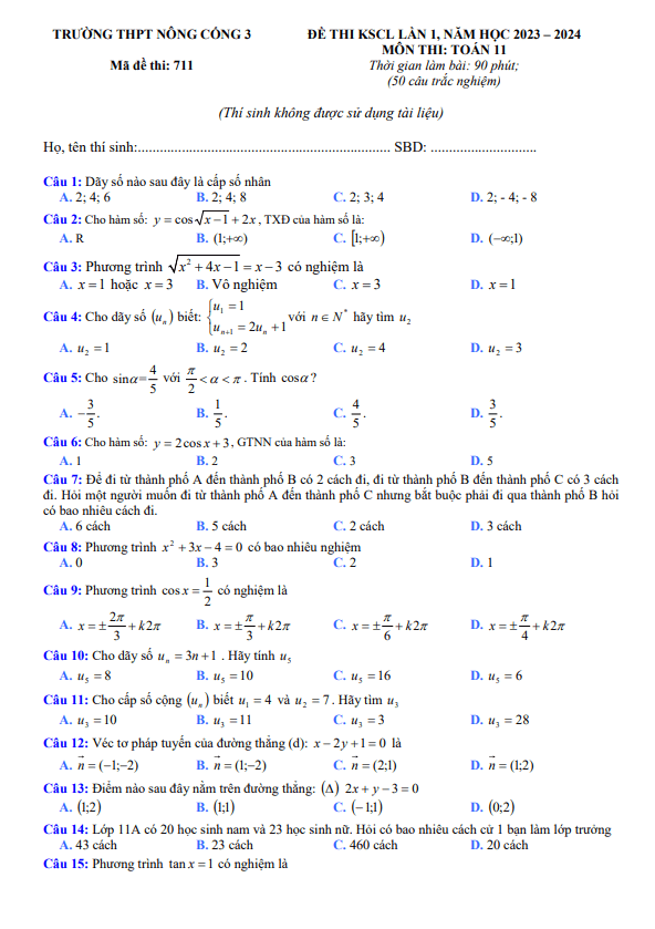 Đề thi KSCL lần 1 Toán 11 năm 2023 – 2024 trường THPT Nông Cống 3 – Thanh Hóa