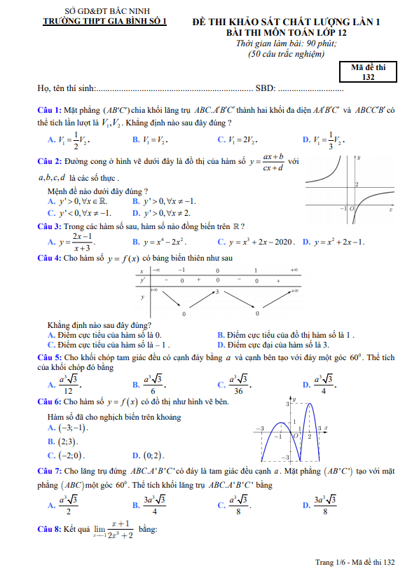 Đề thi KSCL lần 1 Toán 12 năm 2020 – 2021 trường THPT Gia Bình 1 – Bắc Ninh
