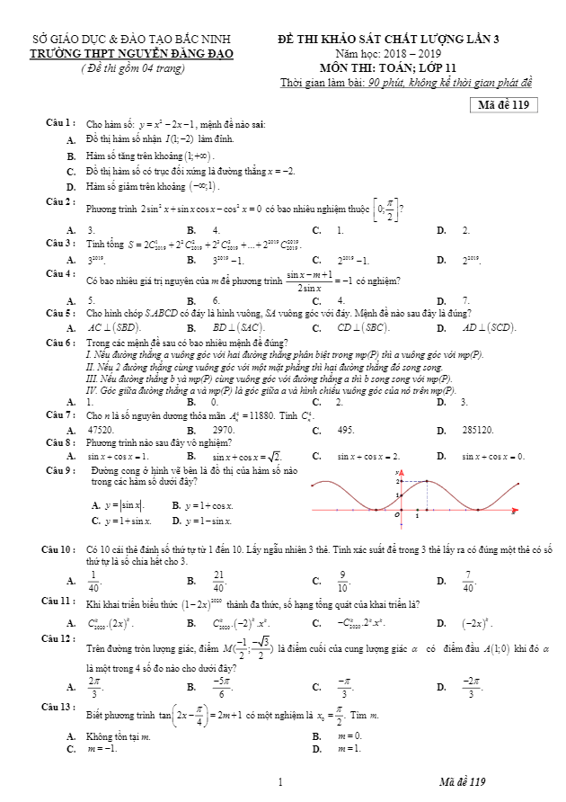 Đề thi KSCL lần 3 Toán 11 năm 2018 – 2019 trường Nguyễn Đăng Đạo – Bắc Ninh