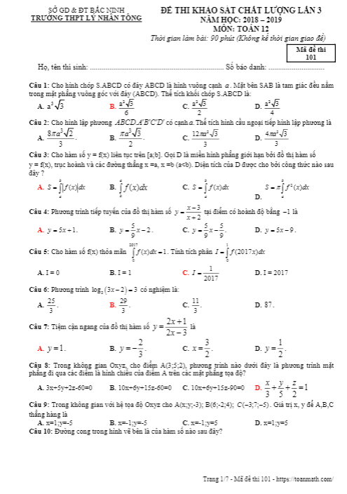 Đề thi KSCL lần 3 Toán 12 năm 2018 – 2019 trường THPT Lý Nhân Tông – Bắc Ninh