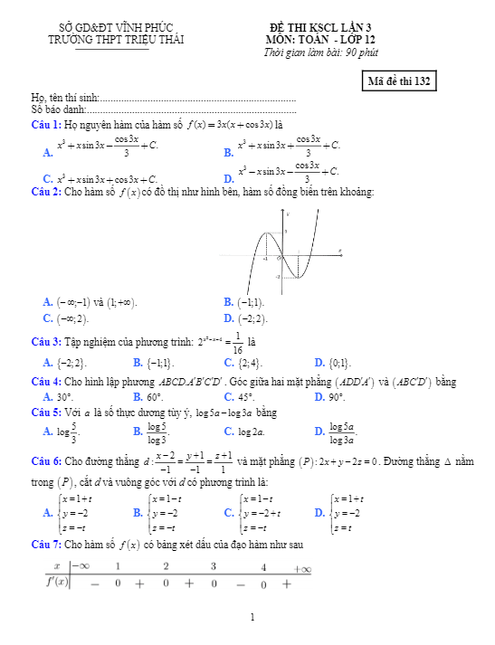 Đề thi KSCL lần 3 Toán 12 năm 2018 – 2019 trường Triệu Thái – Vĩnh Phúc
