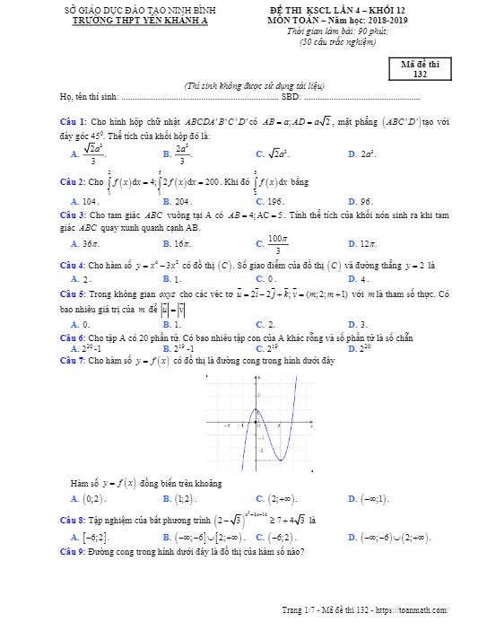 Đề thi KSCL lần 4 Toán 12 năm 2018 – 2019 trường Yên Khánh A – Ninh Bình