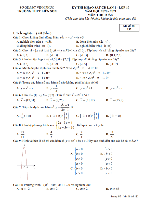 Đề thi KSCL Toán 10 lần 1 năm 2020 – 2021 trường THPT Liễn Sơn – Vĩnh Phúc