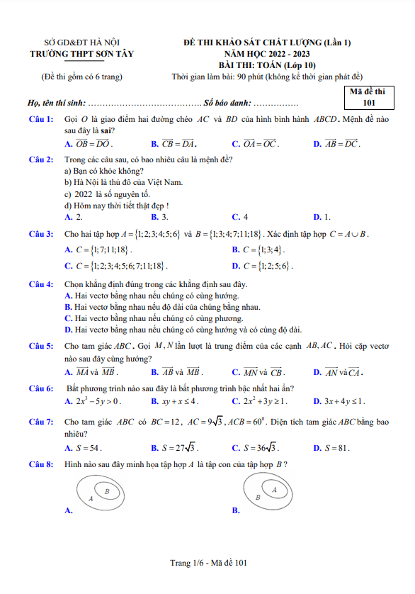 Đề thi KSCL Toán 10 lần 1 năm 2022 – 2023 trường THPT Sơn Tây – Hà Nội