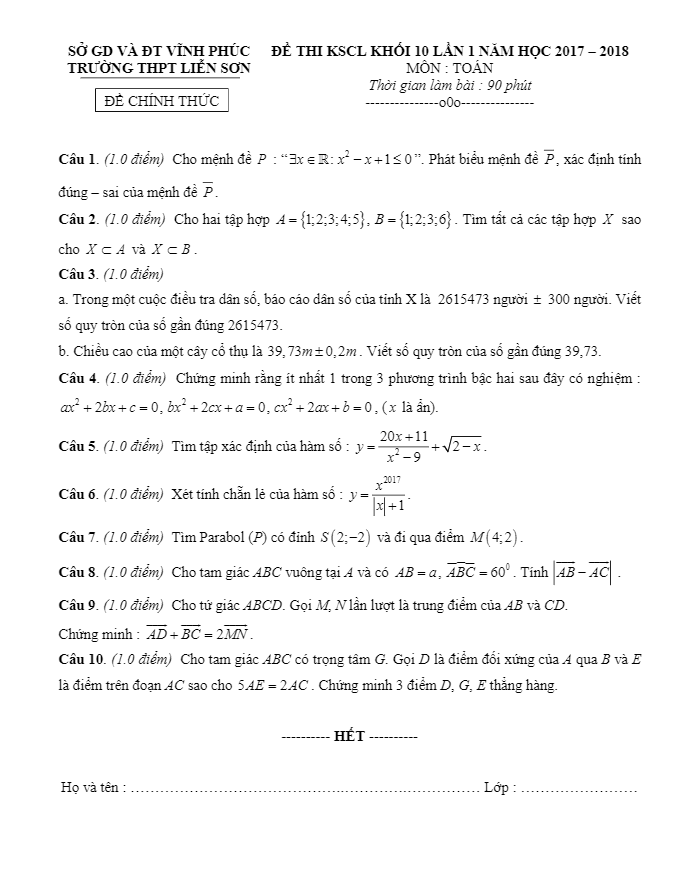 Đề thi KSCL Toán 10 lần 1 năm học 2017 – 2018 trường THPT Liễn Sơn – Vĩnh Phúc