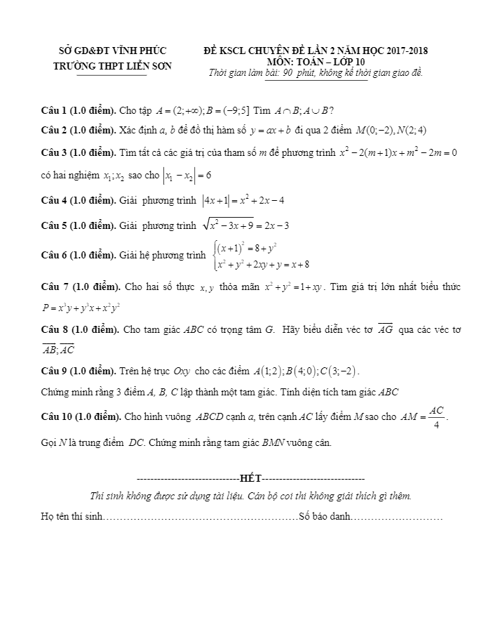 Đề thi KSCL Toán 10 lần 2 năm học 2017 – 2018 trường THPT Liễn Sơn – Vĩnh Phúc