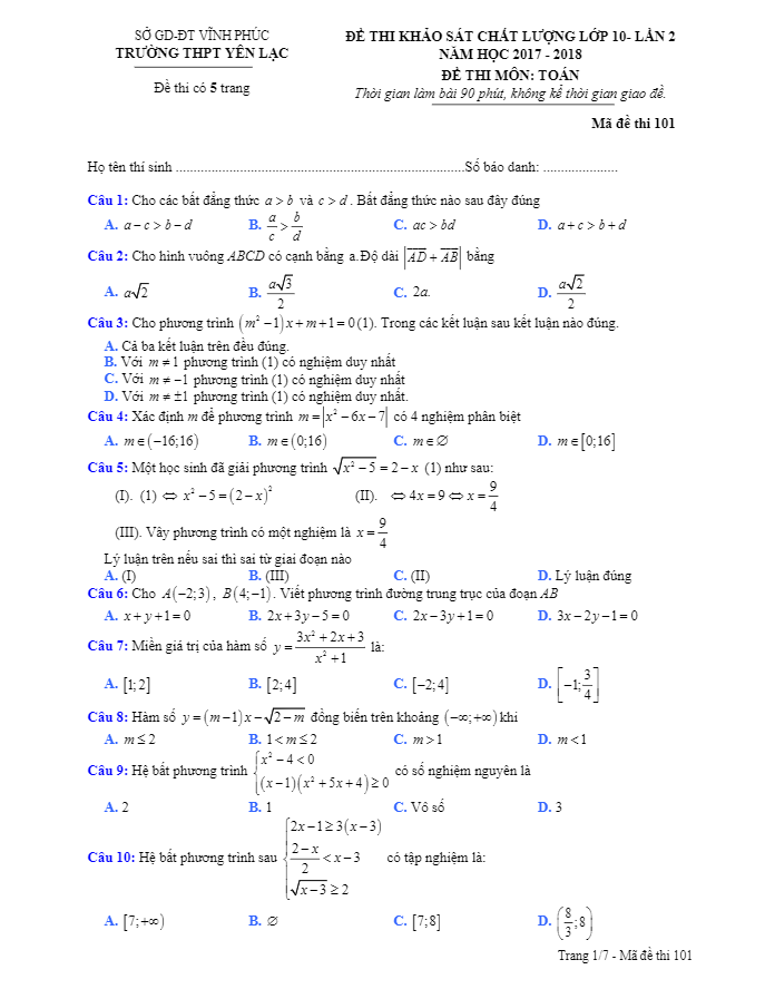 Đề thi KSCL Toán 10 lần 2 năm học 2017 – 2018 trường THPT Yên Lạc – Vĩnh Phúc