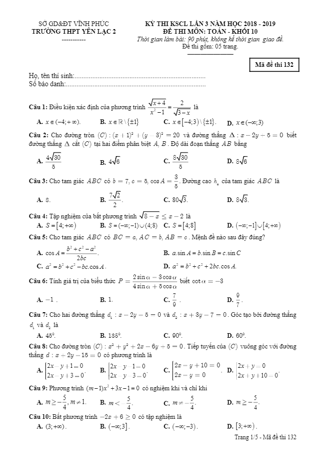 Đề thi KSCL Toán 10 lần 3 năm 2018 – 2019 trường Yên Lạc 2 – Vĩnh Phúc