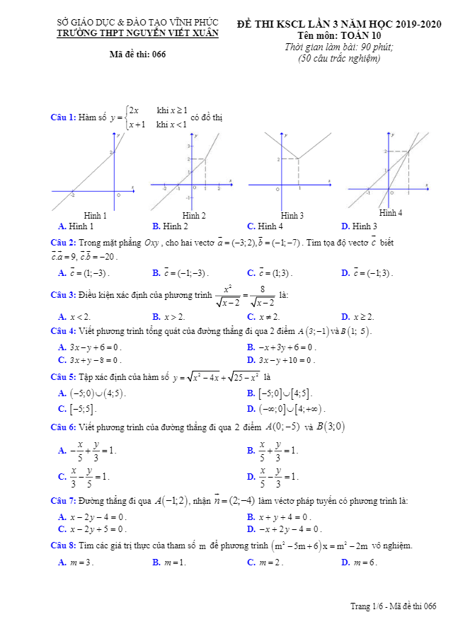 Đề thi KSCL Toán 10 lần 3 năm 2019 – 2020 trường THPT Nguyễn Viết Xuân – Vĩnh Phúc