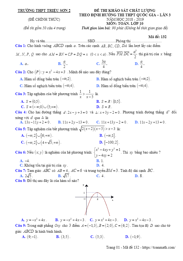 Đề thi KSCL Toán 10 THPTQG lần 3 năm 2018 – 2019 trường Triệu Sơn 2 – Thanh Hoá