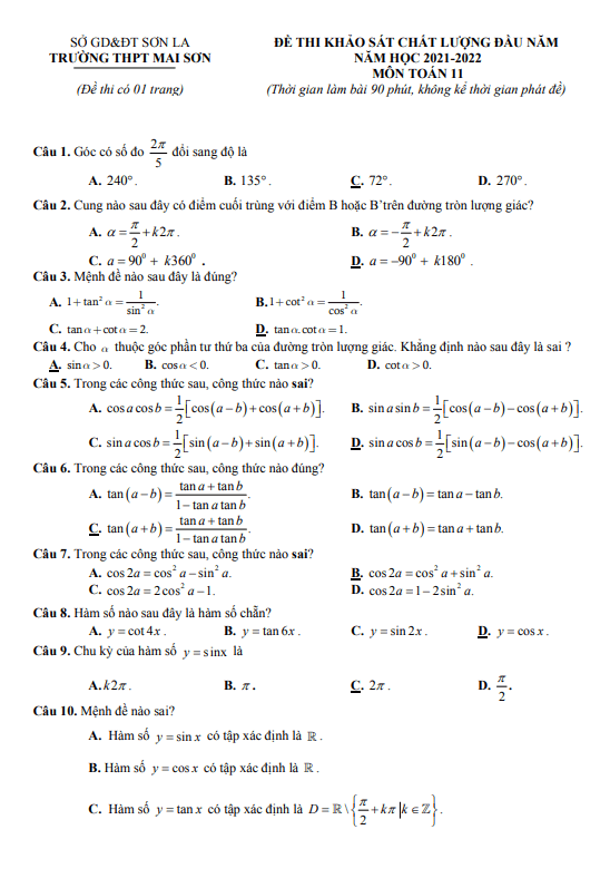 Đề thi KSCL Toán 11 đầu năm học 2021 – 2022 trường THPT Mai Sơn – Sơn La
