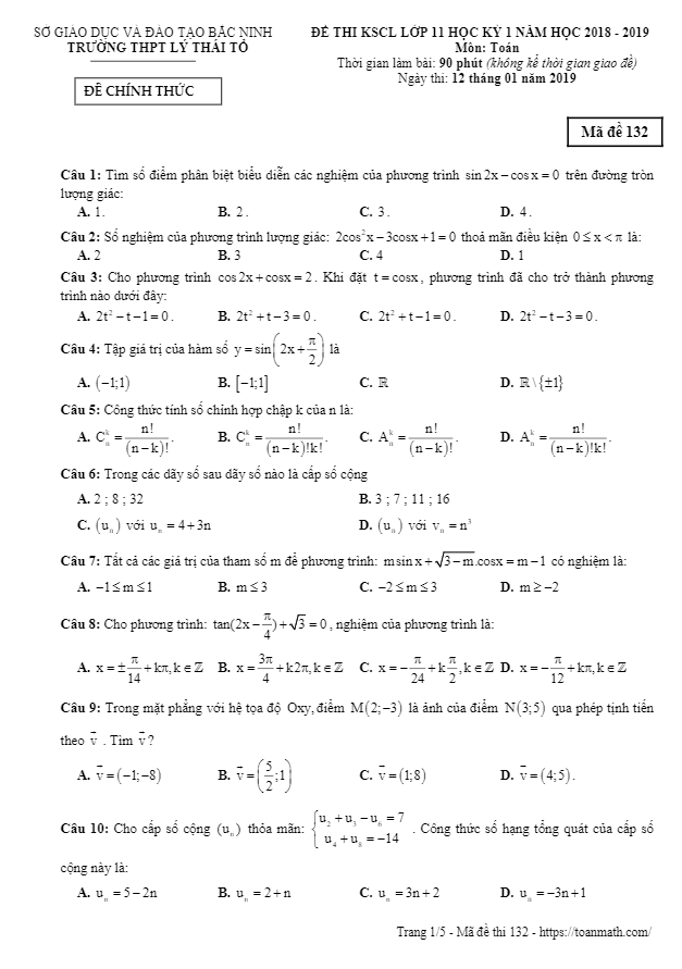 Đề thi KSCL Toán 11 HK1 năm 2018 – 2019 trường Lý Thái Tổ – Bắc Ninh
