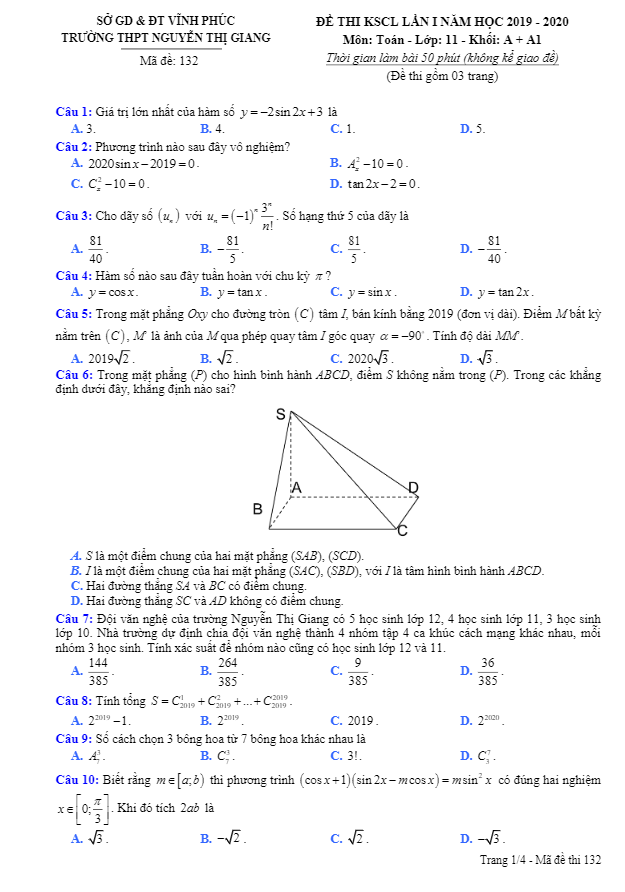 Đề thi KSCL Toán 11 lần 1 năm 2019 – 2020 trường Nguyễn Thị Giang – Vĩnh Phúc