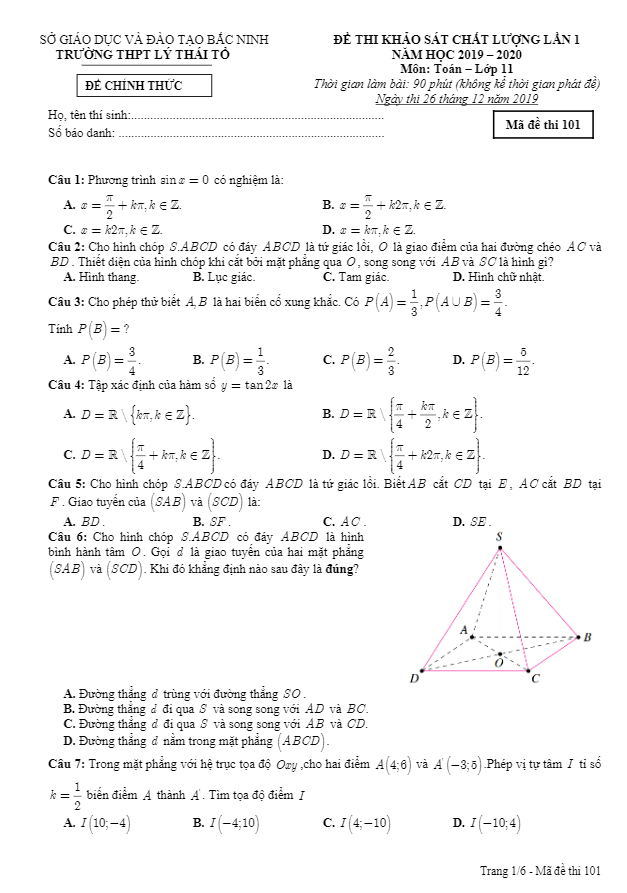 Đề thi KSCL Toán 11 lần 1 năm 2019 – 2020 trường THPT Lý Thái Tổ – Bắc Ninh