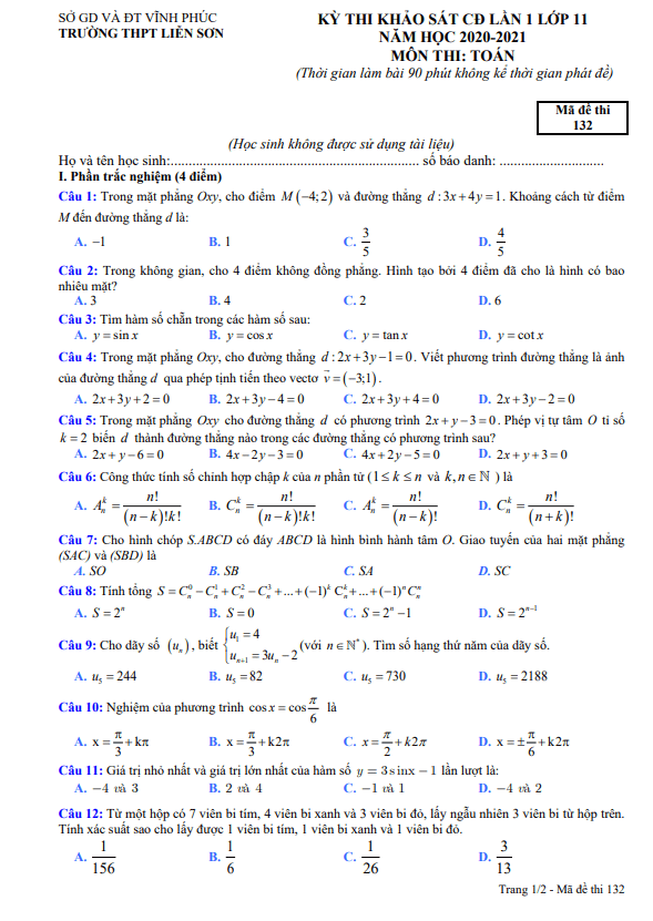 Đề thi KSCL Toán 11 lần 1 năm 2020 – 2021 trường THPT Liễn Sơn – Vĩnh Phúc