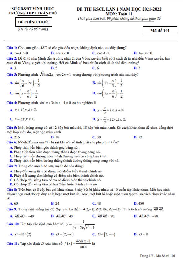 Đề thi KSCL Toán 11 lần 1 năm 2021 – 2022 trường THPT Trần Phú – Vĩnh Phúc