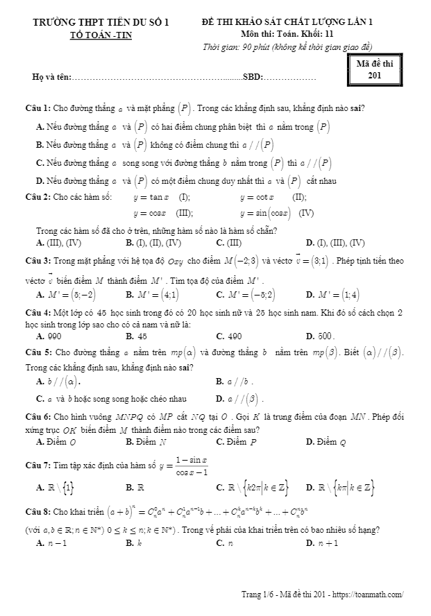 Đề thi KSCL Toán 11 lần 1 năm học 2018 – 2019 trường Tiên Du 1 – Bắc Ninh