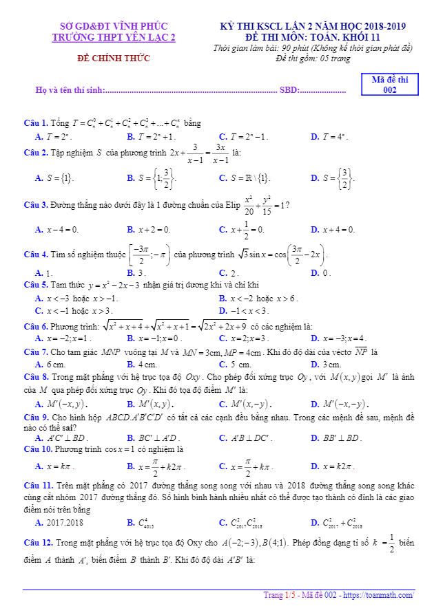 Đề thi KSCL Toán 11 lần 2 năm 2018 – 2019 trường Yên Lạc 2 – Vĩnh Phúc