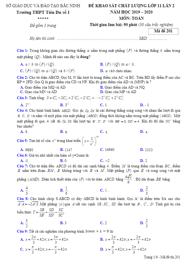 Đề thi KSCL Toán 11 lần 2 năm 2019 – 2020 trường THPT Tiên Du 1 – Bắc Ninh