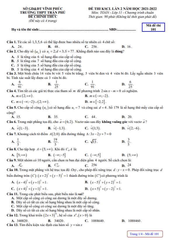 Đề thi KSCL Toán 11 lần 2 năm 2021 – 2022 trường THPT Trần Phú – Vĩnh Phúc
