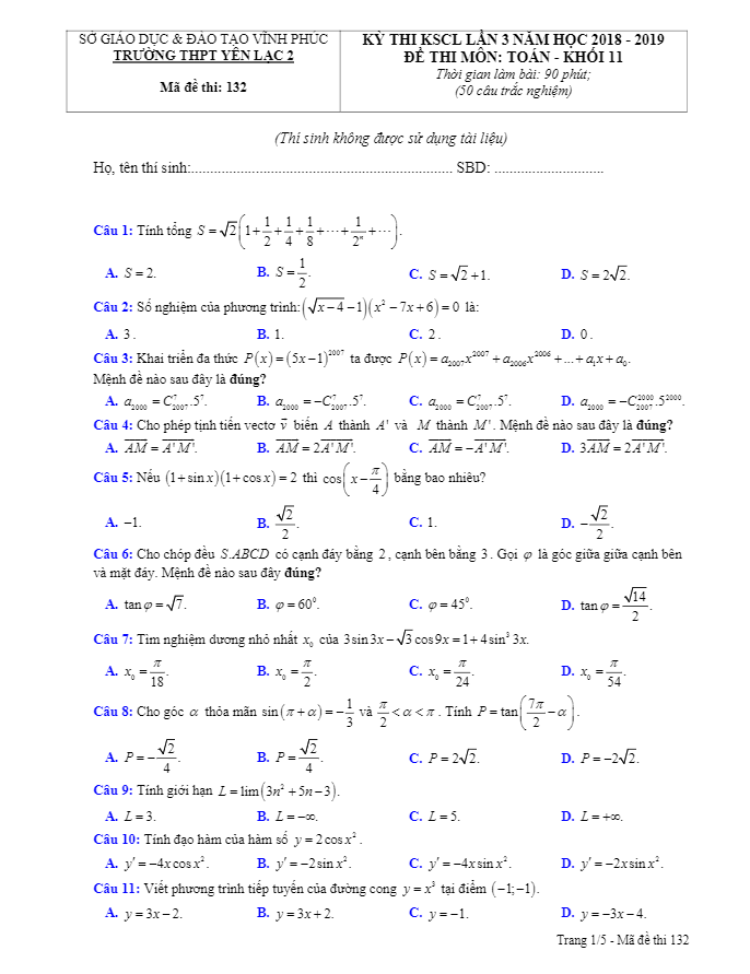 Đề thi KSCL Toán 11 lần 3 năm 2018 – 2019 trường Yên Lạc 2 – Vĩnh Phúc