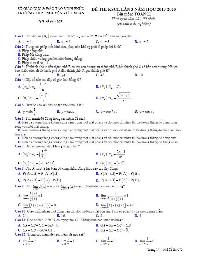Đề thi KSCL Toán 11 lần 3 năm 2019 – 2020 trường THPT Nguyễn Viết Xuân – Vĩnh Phúc