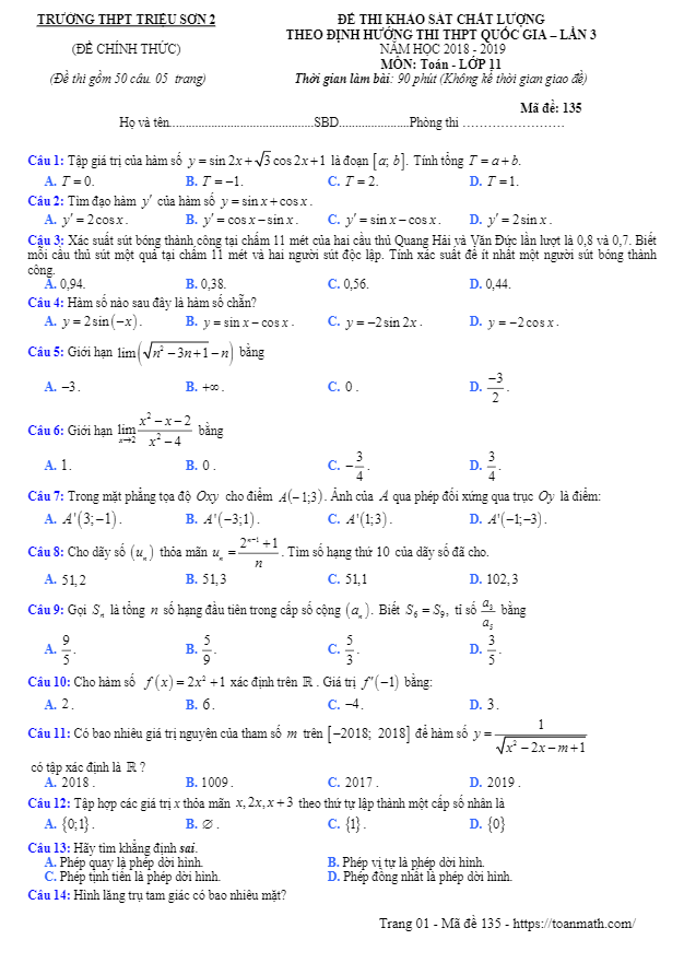 Đề thi KSCL Toán 11 THPTQG lần 3 năm 2018 – 2019 trường Triệu Sơn 2 – Thanh Hoá