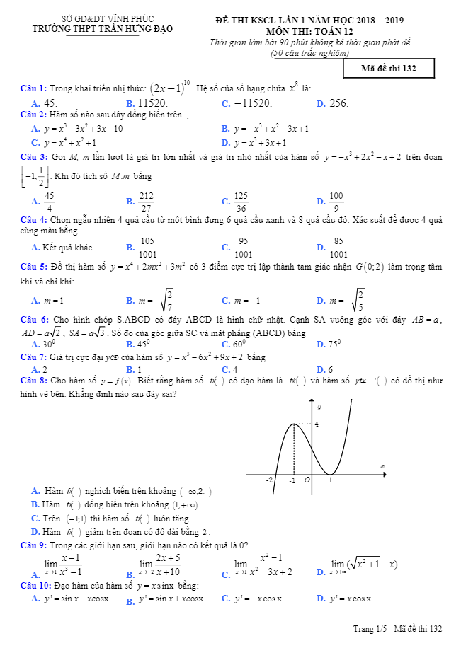 Đề thi KSCL Toán 12 lần 1 năm 2018 – 2019 trường Trần Hưng Đạo – Vĩnh Phúc