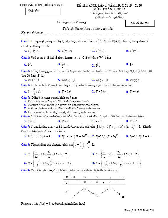 Đề thi KSCL Toán 12 lần 1 năm 2019 – 2020 trường Đông Sơn 1 – Thanh Hoá