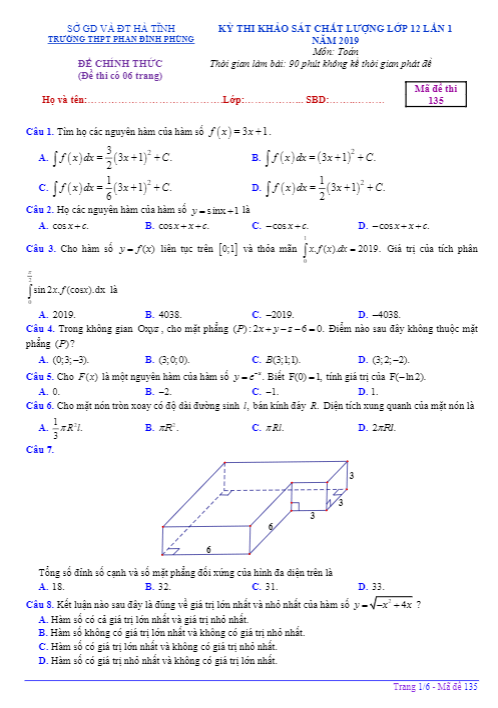 Đề thi KSCL Toán 12 lần 1 năm 2019 trường THPT Phan Đình Phùng – Hà Tĩnh