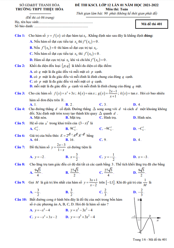 Đề thi KSCL Toán 12 lần 1 năm 2021 – 2022 trường THPT Thiệu Hóa – Thanh Hóa