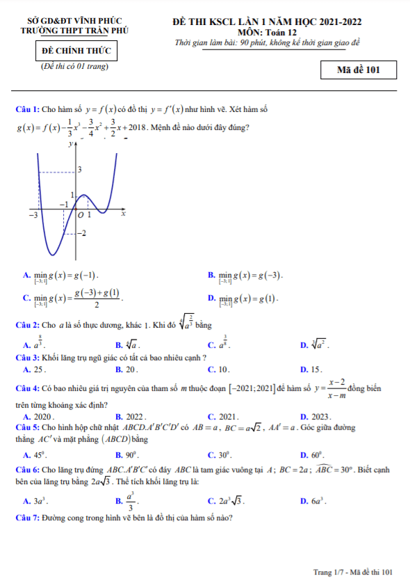 Đề thi KSCL Toán 12 lần 1 năm 2021 – 2022 trường THPT Trần Phú – Vĩnh Phúc