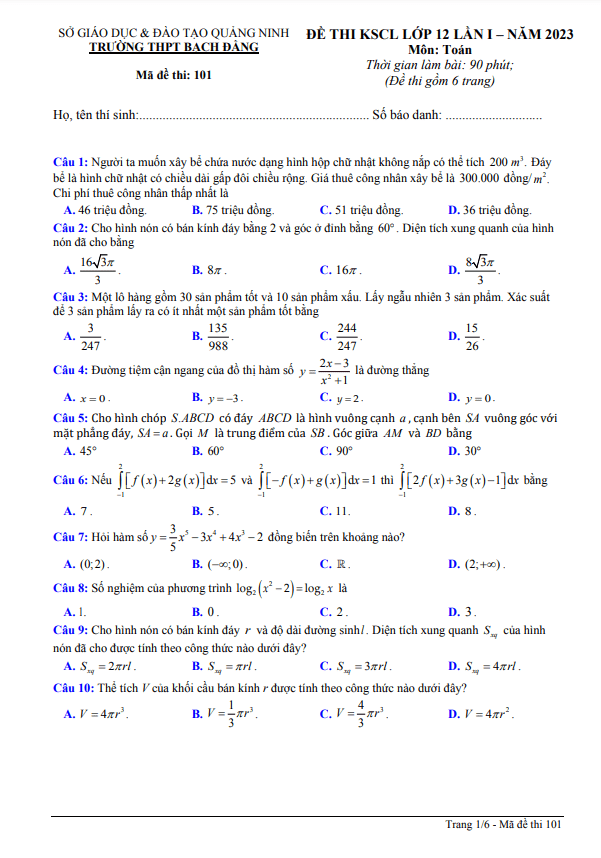 Đề thi KSCL Toán 12 lần 1 năm 2022 – 2023 trường THPT Bạch Đằng – Quảng Ninh
