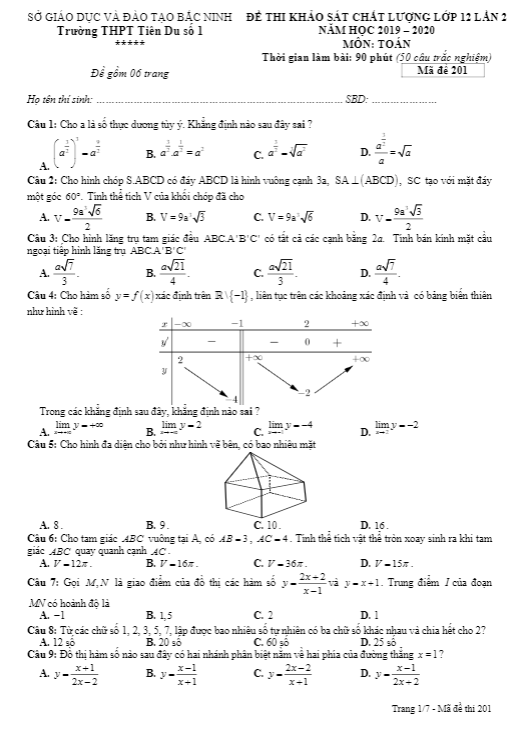 Đề thi KSCL Toán 12 lần 2 năm 2019 – 2020 trường THPT Tiên Du 1 – Bắc Ninh