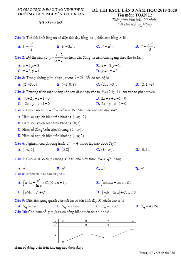 Đề thi KSCL Toán 12 lần 3 năm 2019 – 2020 trường THPT Nguyễn Viết Xuân – Vĩnh Phúc