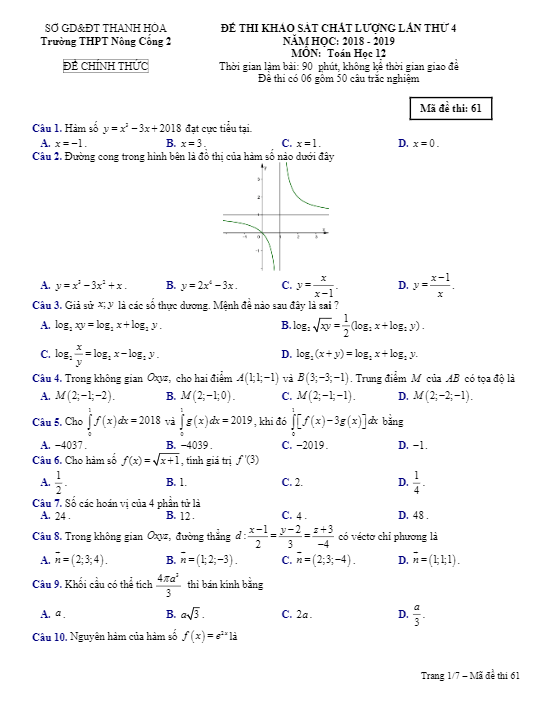 Đề thi KSCL Toán 12 lần 4 năm 2018 – 2019 trường Nông Cống 2 – Thanh Hóa