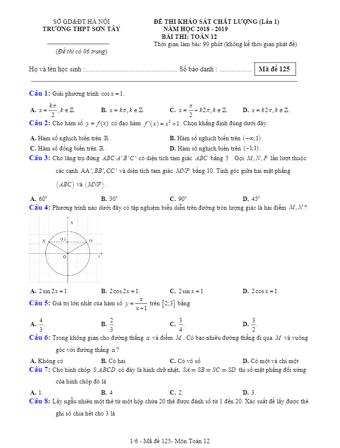 Đề thi KSCL Toán 12 năm 2018 – 2019 trường THPT Sơn Tây – Hà Nội lần 1