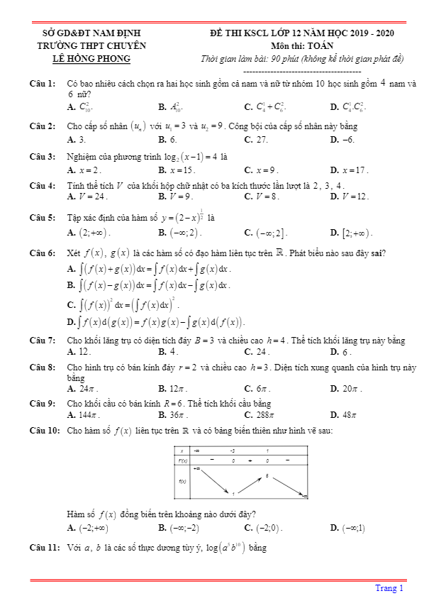 Đề thi KSCL Toán 12 năm 2019 – 2020 trường chuyên Lê Hồng Phong – Nam Định