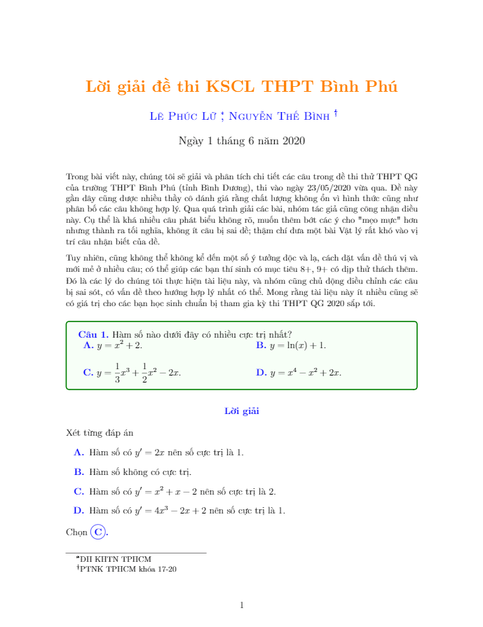 Đề thi KSCL Toán 12 năm 2019 – 2020 trường THPT Bình Phú – Bình Dương