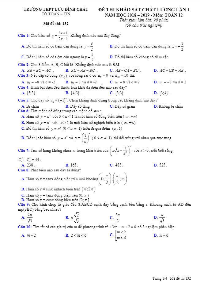 Đề thi KSCL Toán 12 năm học 2018 – 2019 trường THPT Lưu Đình Chất – Thanh Hóa lần 1